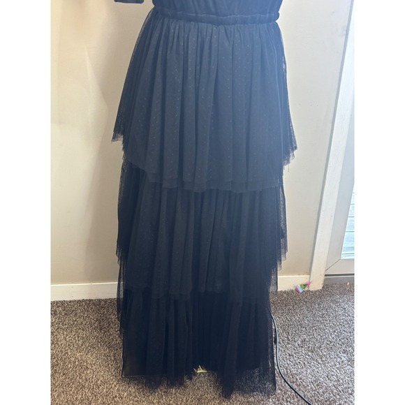 Three Bird Nest BohoBlack Tulle Tiered Midi Dress Swiss Dot Tie Shoulder V-Neck - Picture 10 of 10